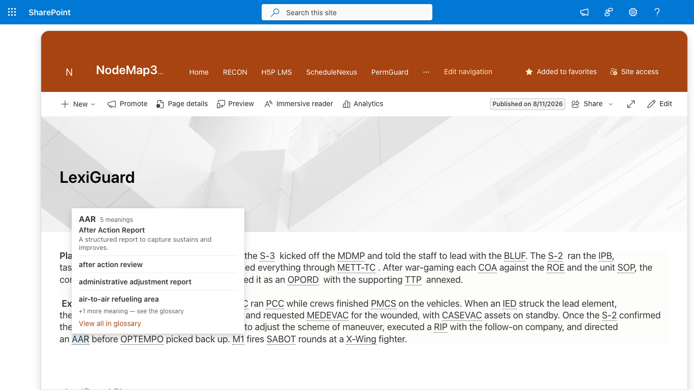 A modern SharePoint page with an acronym underlined by LexiHighlighter and a hover callout showing its expansion, definition, and a link to the glossary