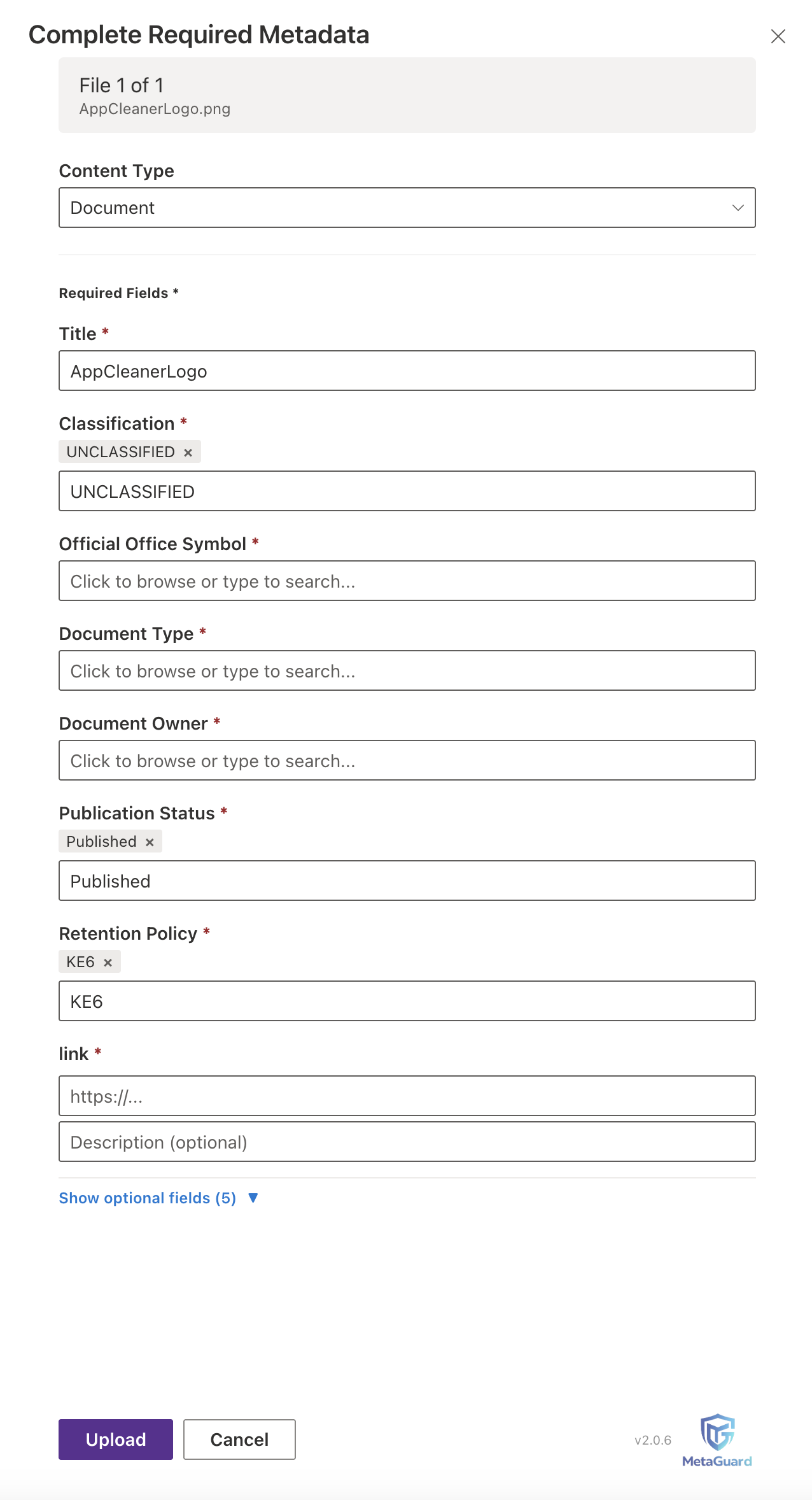 MetaGuard required-metadata panel with content type selector, taxonomy fields, and a hyperlink field