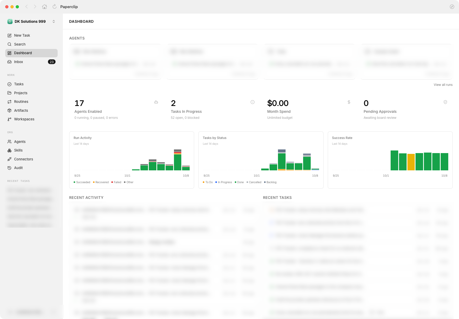 The PaperclipBar board window showing the Paperclip dashboard with agent, task and run statistics