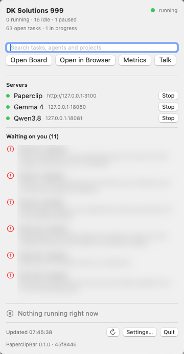 The PaperclipBar panel: status, search, the Open Board, Open in Browser, Metrics and Talk buttons, server rows with Stop buttons, the Waiting on you list and the footer