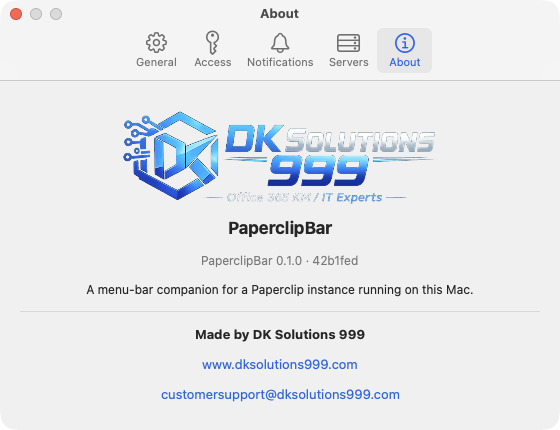PaperclipBar Settings, About tab, showing the DK Solutions 999 logo, the version, and links to the website and support email